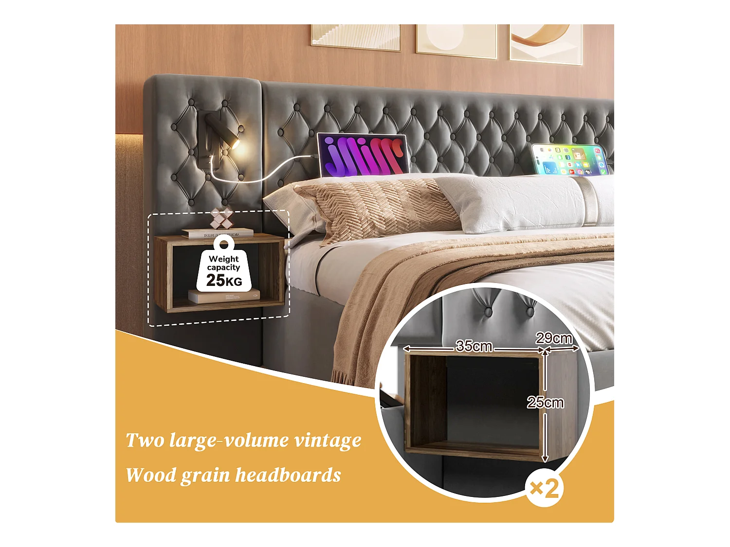 Lit adulte en velours 160x200 cm - avec 2 chevets et 4 tiroirs - 2 liseuses avec prise USB - Gris (matelas non inclus)