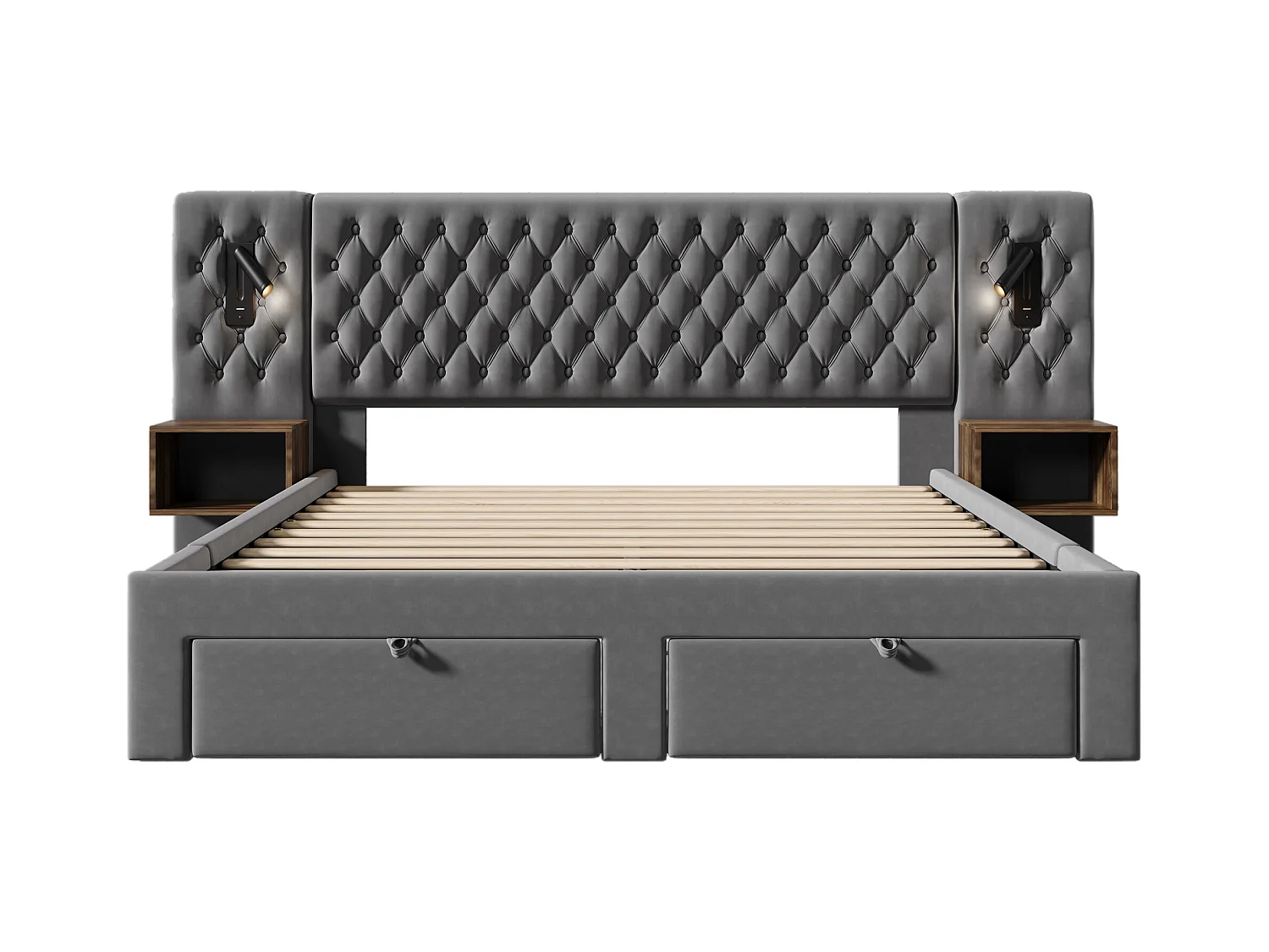 Lit adulte en velours 160x200 cm - avec 2 chevets et 4 tiroirs - 2 liseuses avec prise USB - Gris (matelas non inclus)
