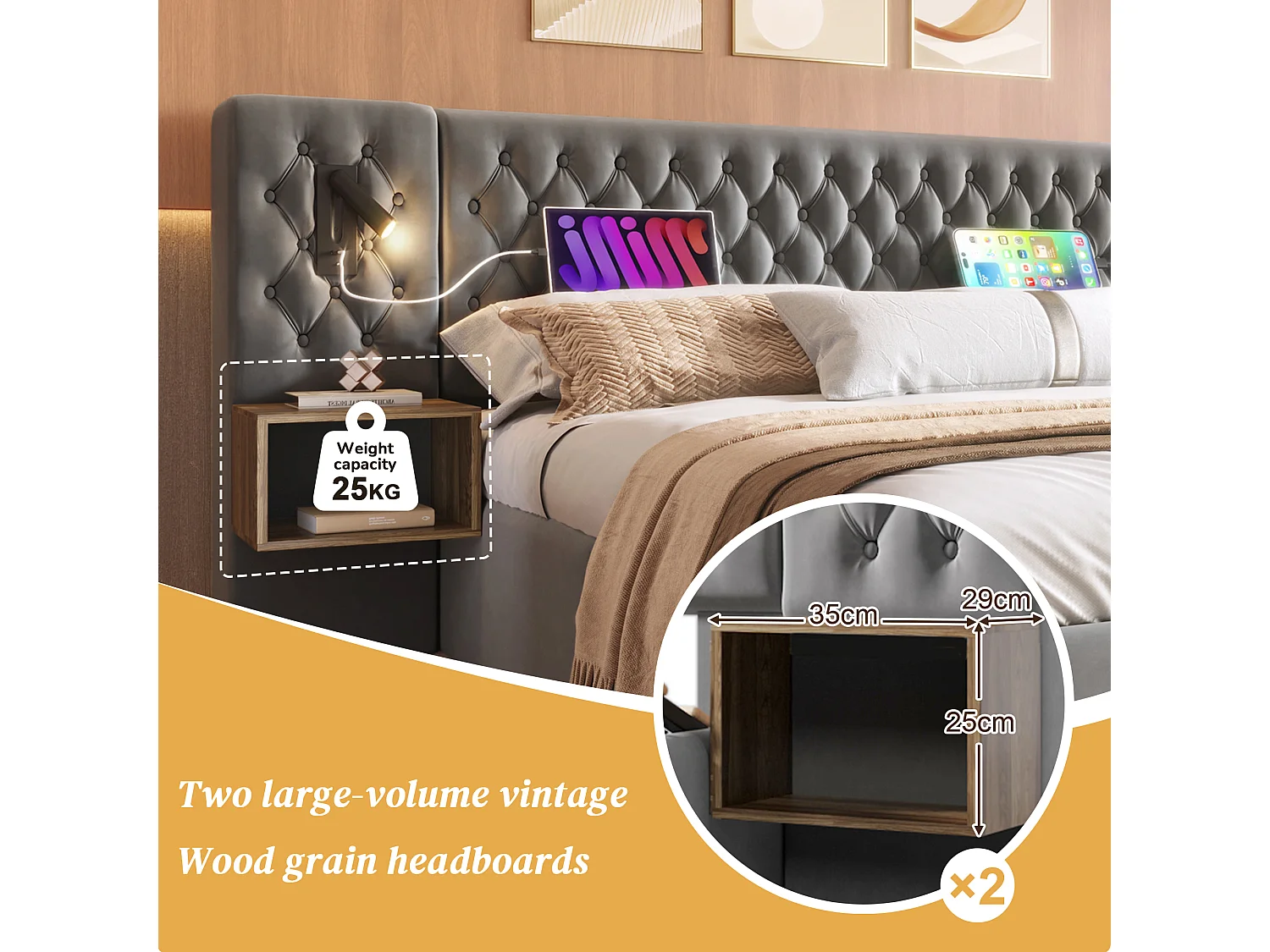 Lit adulte en velours 160x200 cm - avec 2 chevets et 4 tiroirs - 2 liseuses avec prise USB - Gris (matelas non inclus)