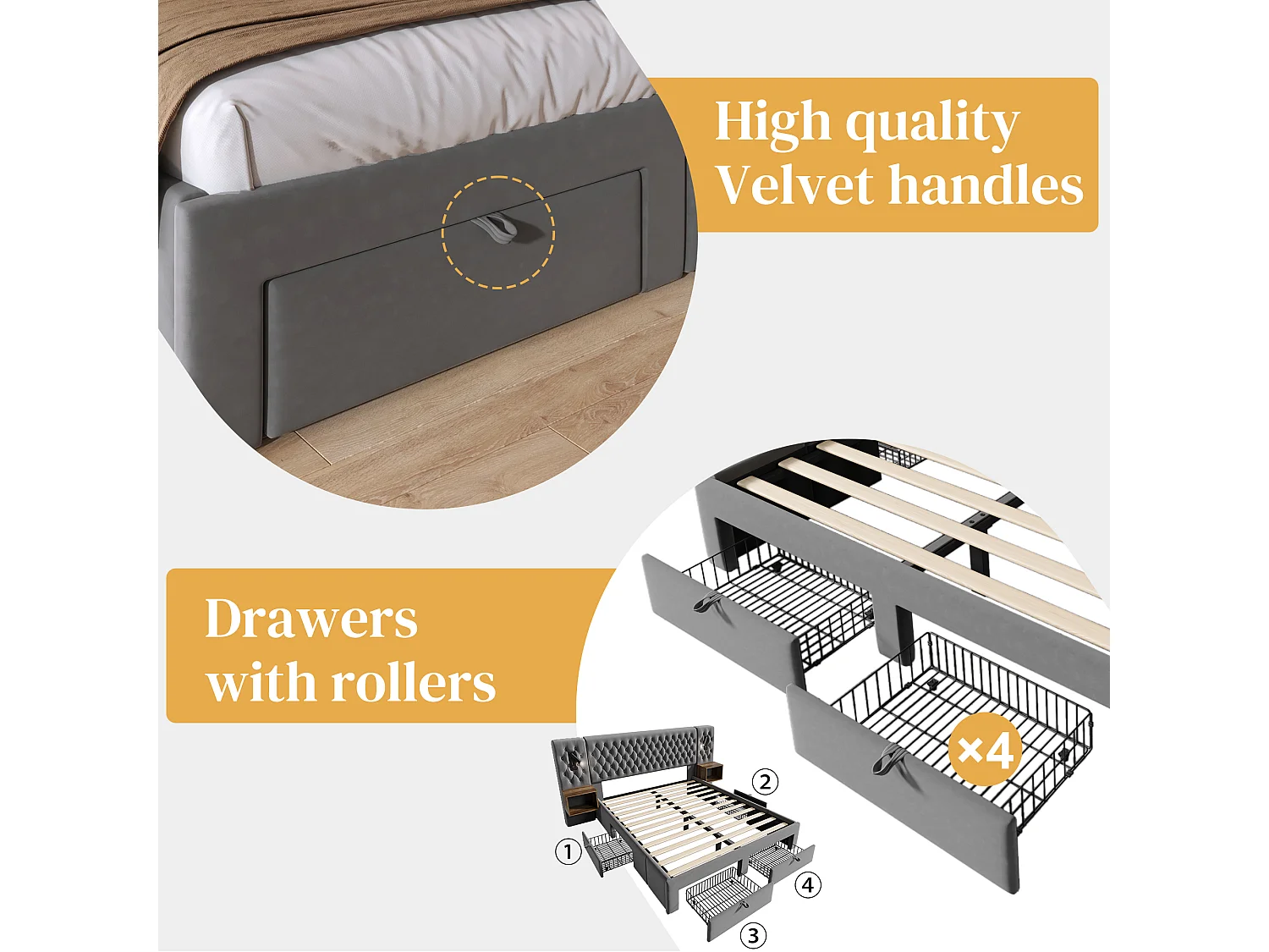 Lit adulte en velours 160x200 cm - avec 2 chevets et 4 tiroirs - 2 liseuses avec prise USB - Gris (matelas non inclus)
