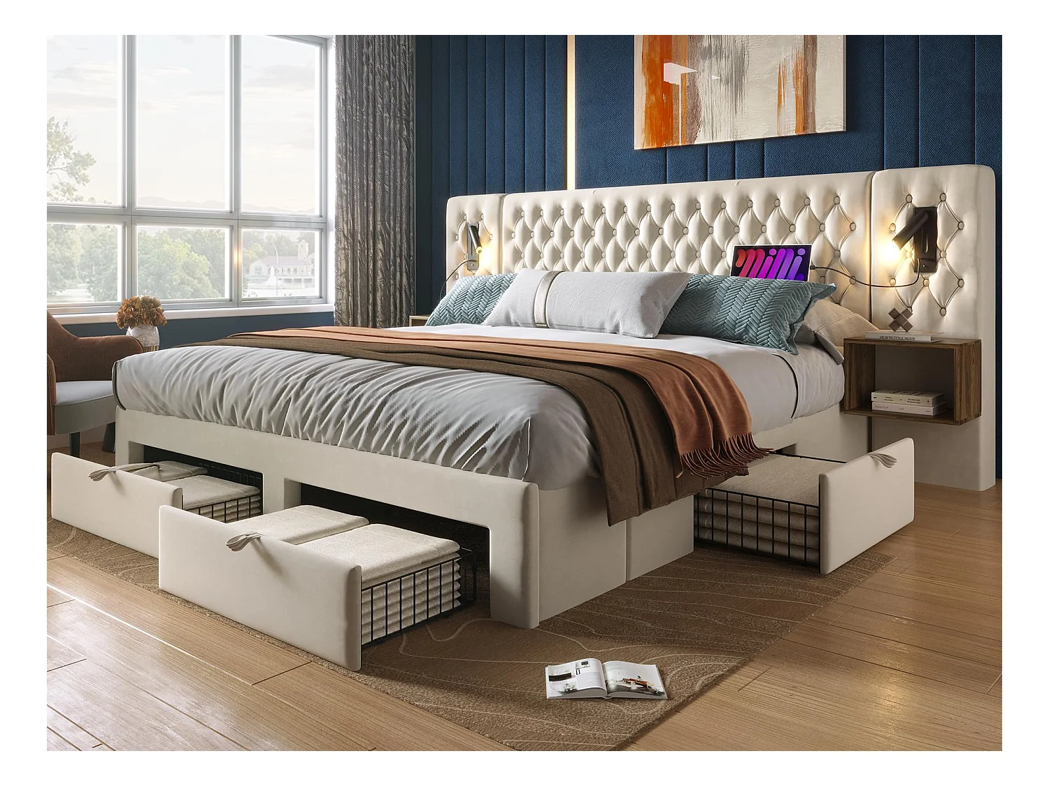 Łóżko dwuosobowe z weluru 160x200 cm - z 2 szafkami nocnymi i 4 szufladami - 2 lampki do czytania z gniazdem USB - Beżowe (materac nie jest w zestawie)