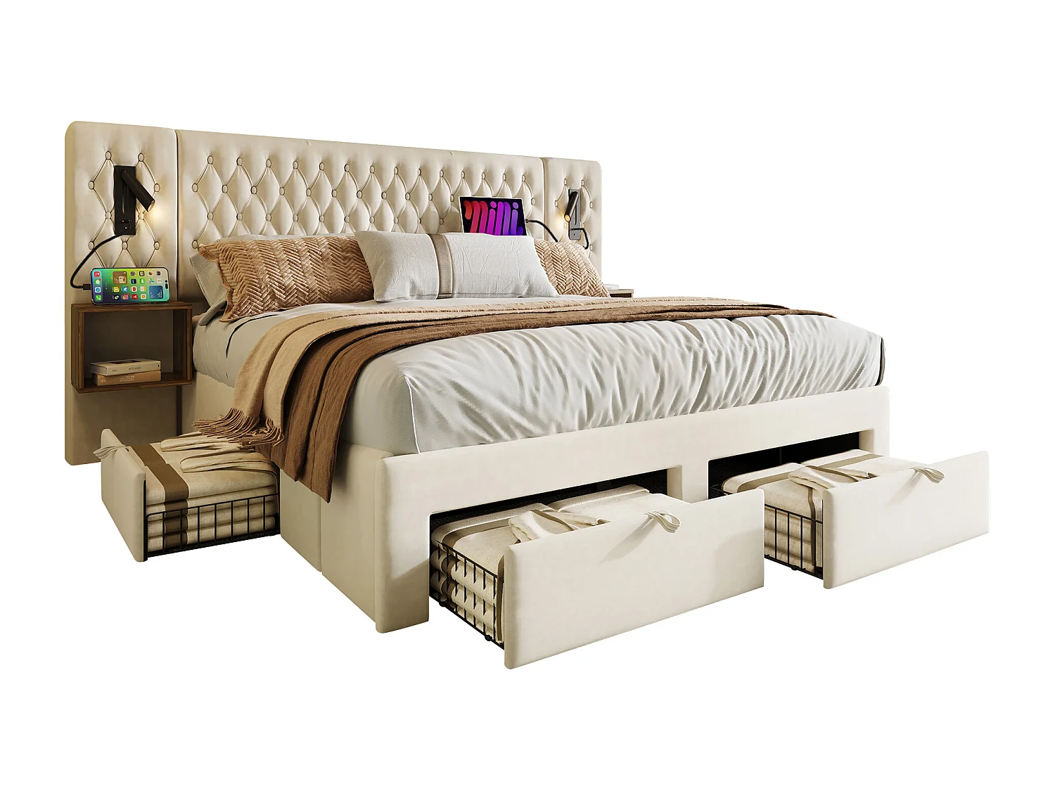 Lit adulte en velours 160x200 cm - avec 2 chevets et 4 tiroirs - 2 liseuses avec prise USB - Beige (matelas non inclus)