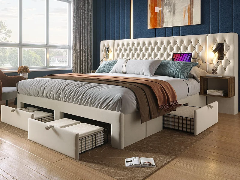 Samtbett für Erwachsene 160x200 cm – mit 2 Nachttischen und 4 Schubladen – 2 Leselampen mit USB-Anschluss – Beige (Matratze nicht im Lieferumfang enthalten)