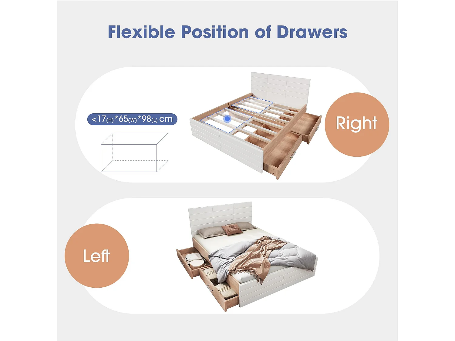 Lit double 160×200 cm en bois - avec 2 tiroirs et sommier à lattes - Blanc & Naturel (matelas non inclus)