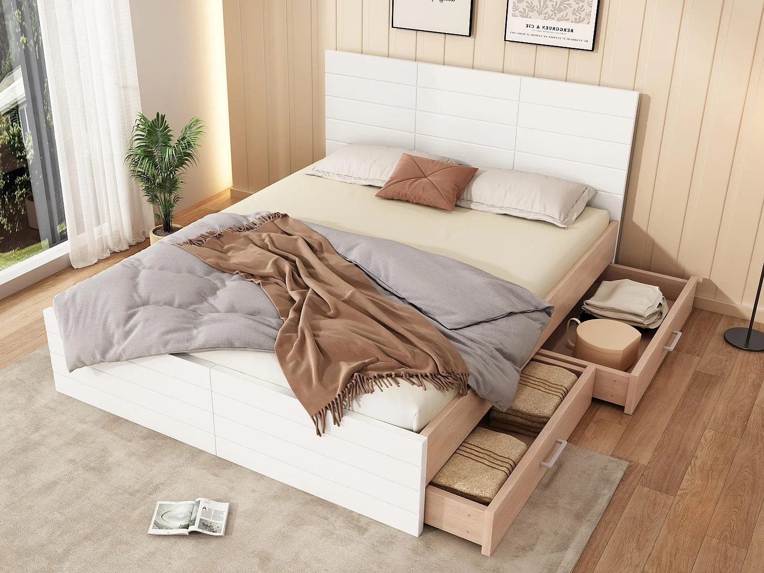 Letto matrimoniale 160×200 cm in legno - con 2 cassetti e rete a doghe - Bianco & Naturale (materasso non incluso)