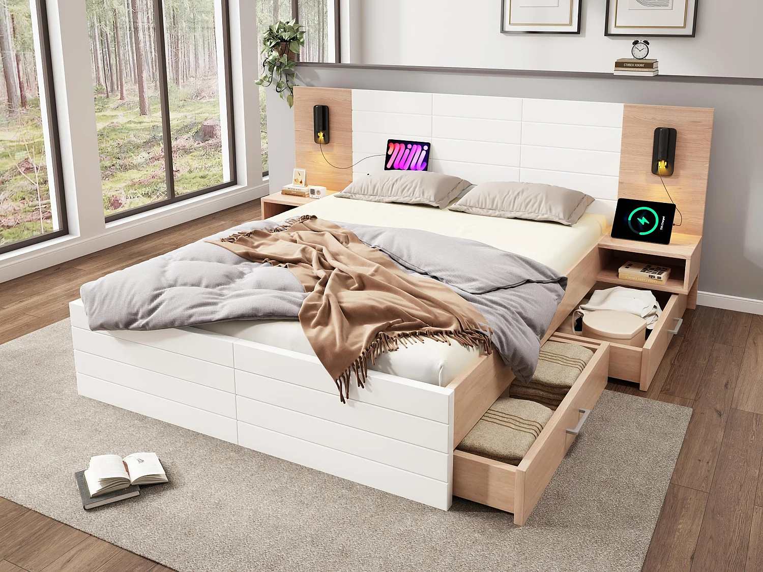 Lit double 140x200 cm en bois - avec 2 chevets et 2 tiroirs - 2 liseuses rotatives avec prise USB - Blanc & Naturel (matelas non inclus)