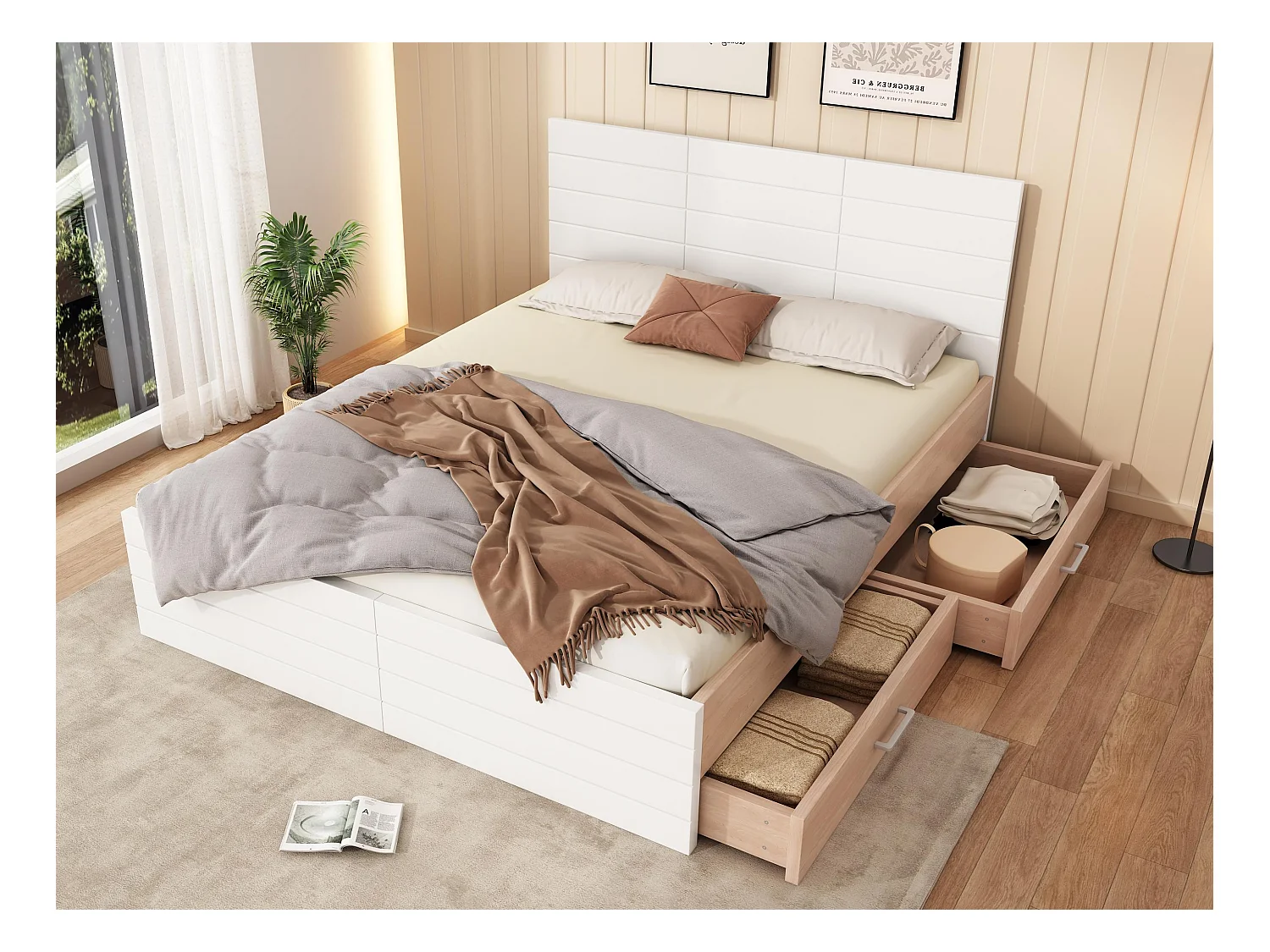 Lit double 140×200 cm en bois - avec 2 tiroirs et sommier à lattes - Blanc & Naturel (matelas non inclus)