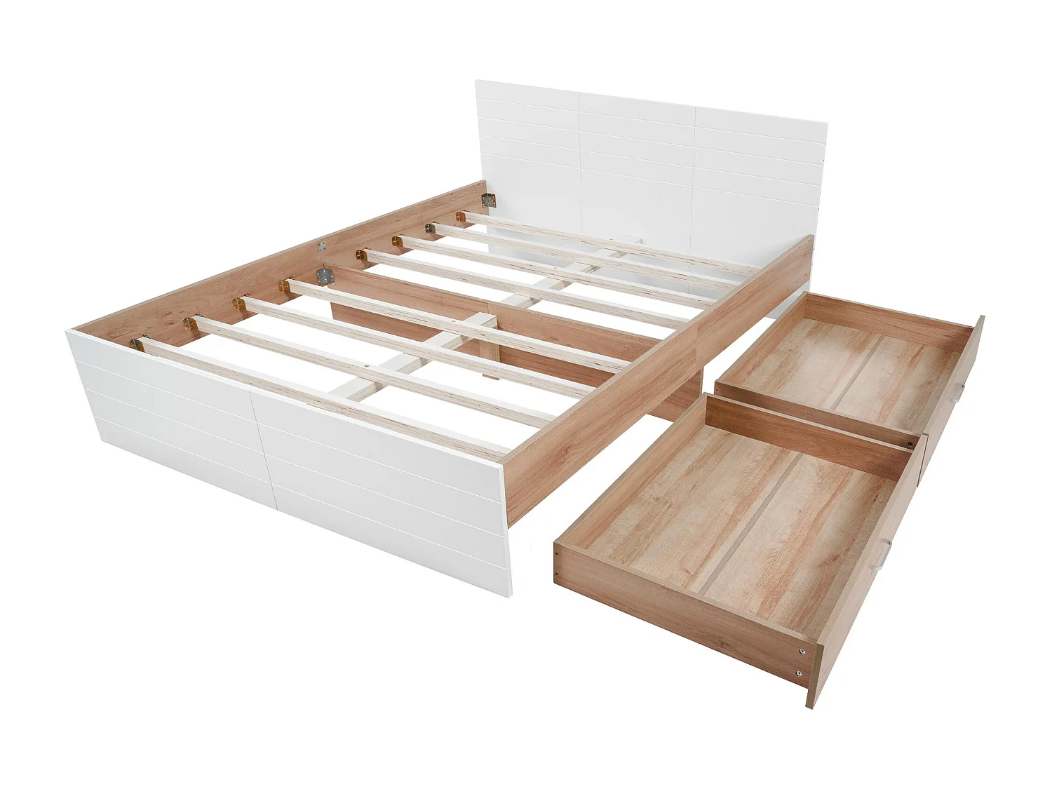 Lit double 140×200 cm en bois - avec 2 tiroirs et sommier à lattes - Blanc & Naturel (matelas non inclus)