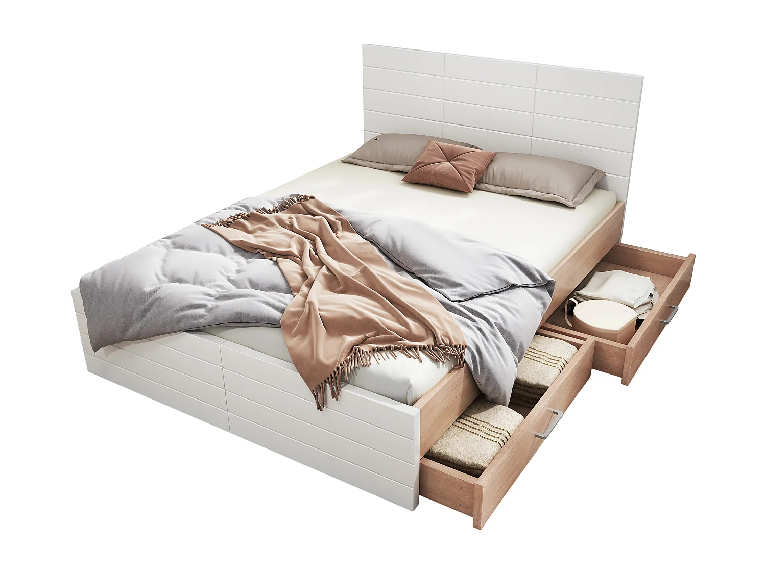 Letto matrimoniale 140×200 cm in legno - con 2 cassetti e rete a doghe - Bianco & Naturale (materasso non incluso)