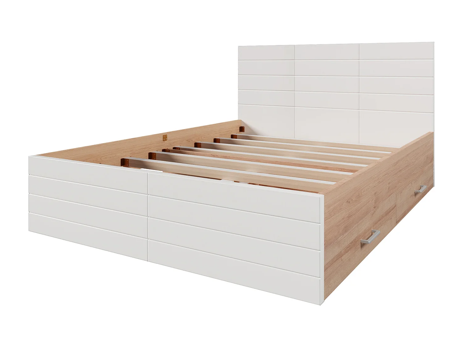 Letto matrimoniale 140×200 cm in legno - con 2 cassetti e rete a doghe - Bianco & Naturale (materasso non incluso)