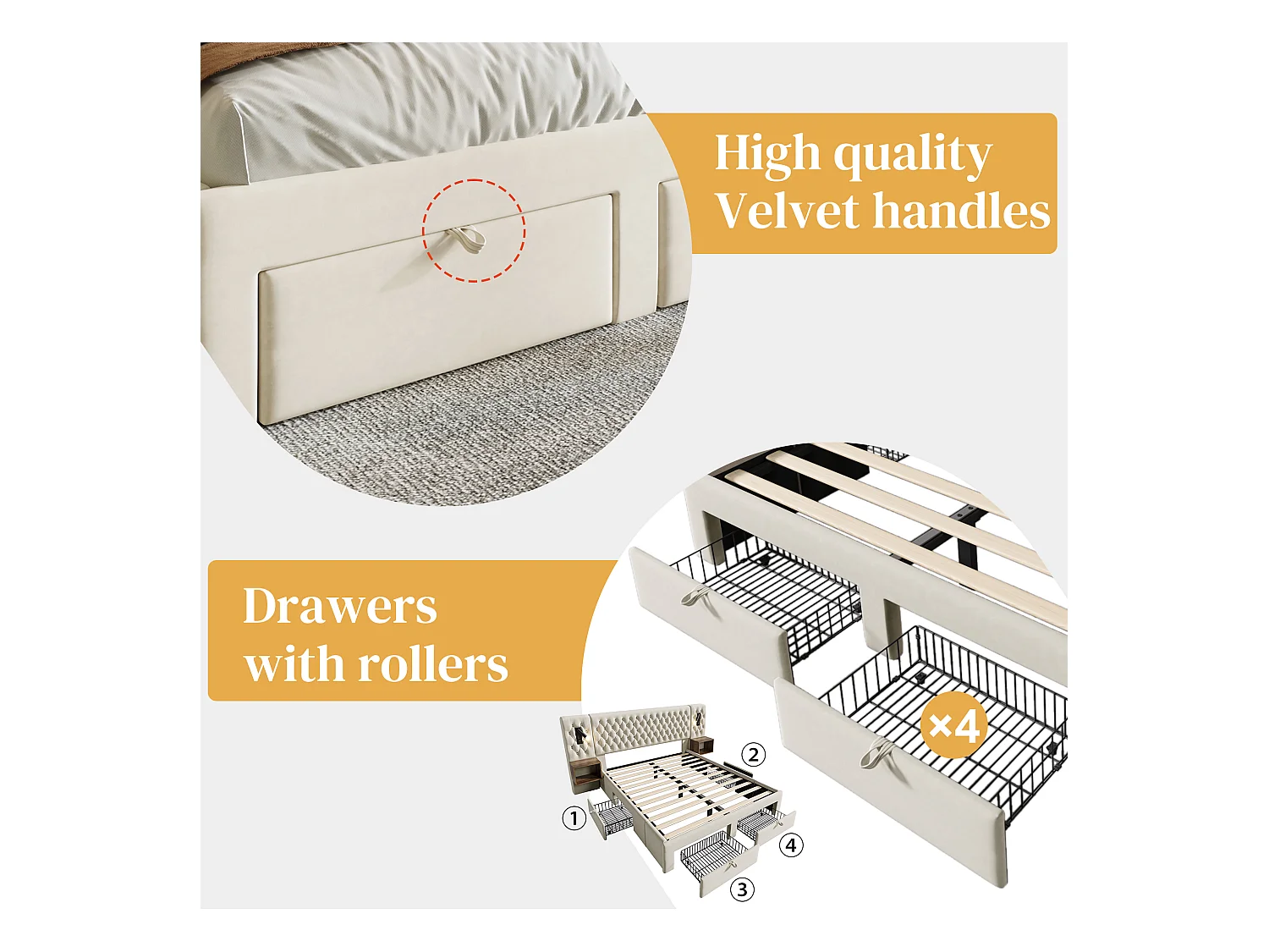 Lit adulte en velours 180x200 cm - avec 2 chevets et 4 tiroirs - 2 liseuses avec prise USB - Beige (matelas non inclus)