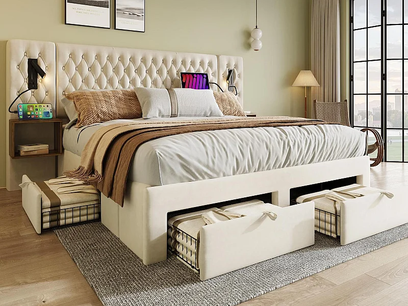 Letto adulto in velluto 180x200 cm - con 2 comodini e 4 cassetti - 2 luci di lettura con presa USB - Beige (materasso non incluso)