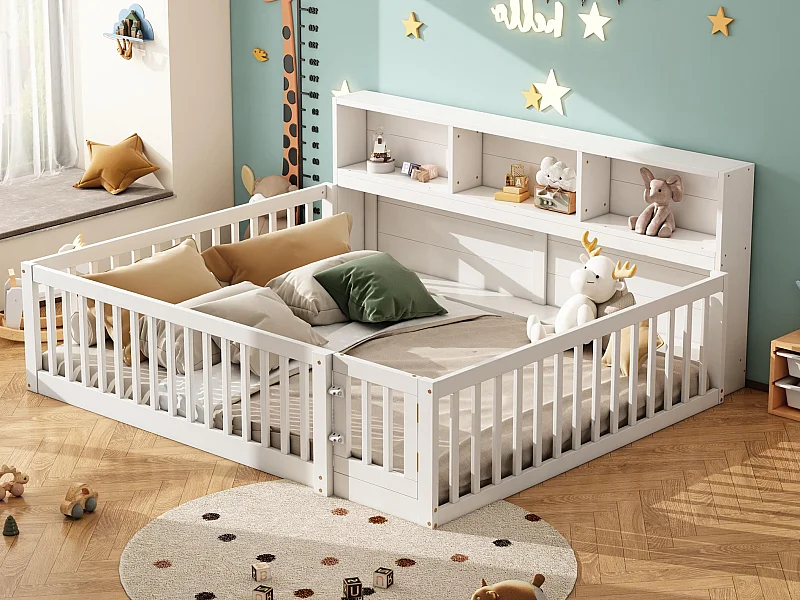 Cama de madera 140x200cm - con cabecero con almacenaje y somier - Blanco