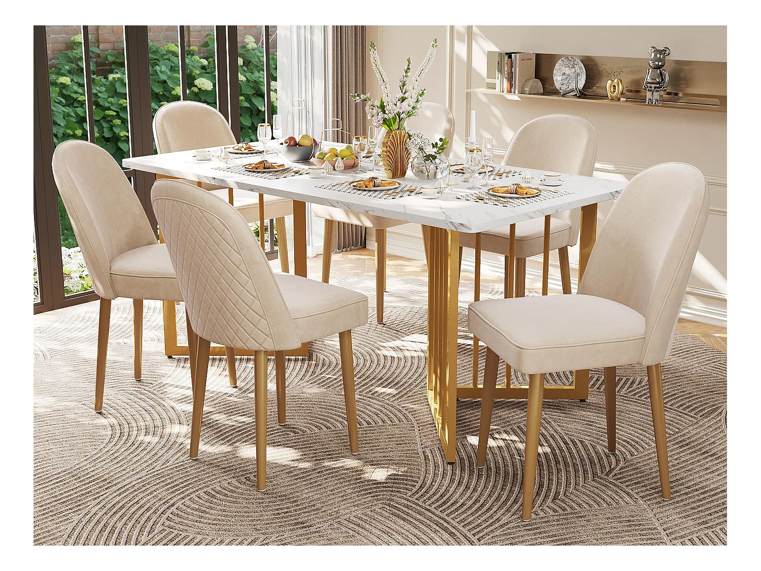 Lot de 6 chaises en velours - pieds en métal - Beige