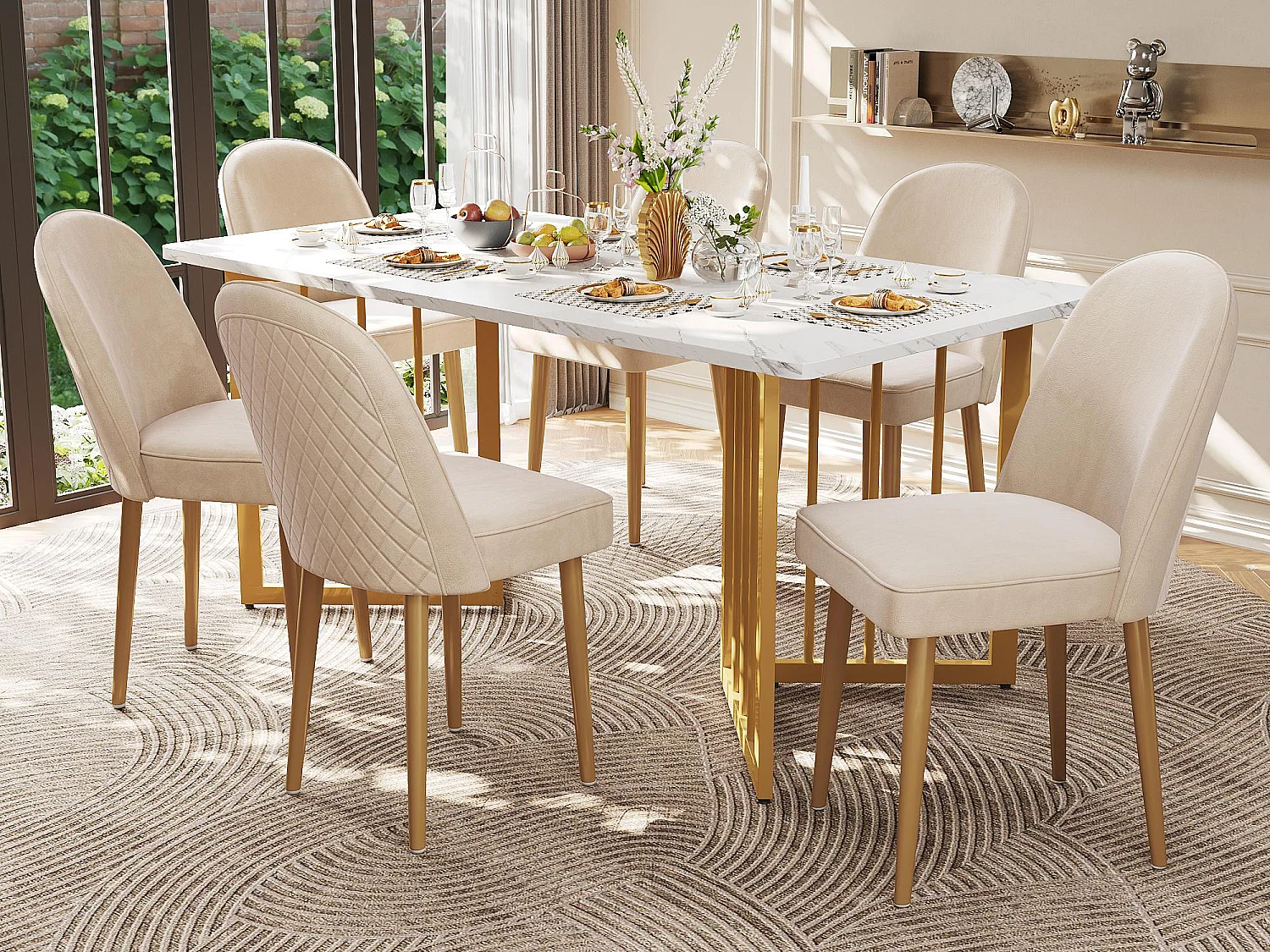 Lot de 6 chaises en velours - pieds en métal - Beige