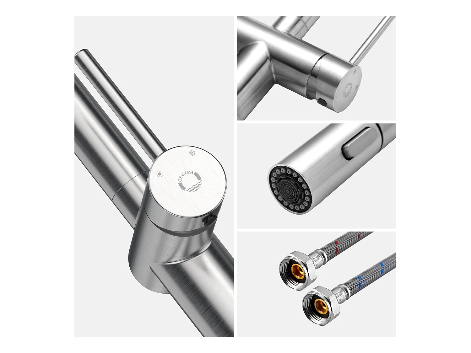 Cecipa max Mitigeur de Cuisine avec Douchette Extractible Robinet de Cuisine avec 2 Types de Jet D'eau Robinet d'évier en Inox Brossé,EU Modèle