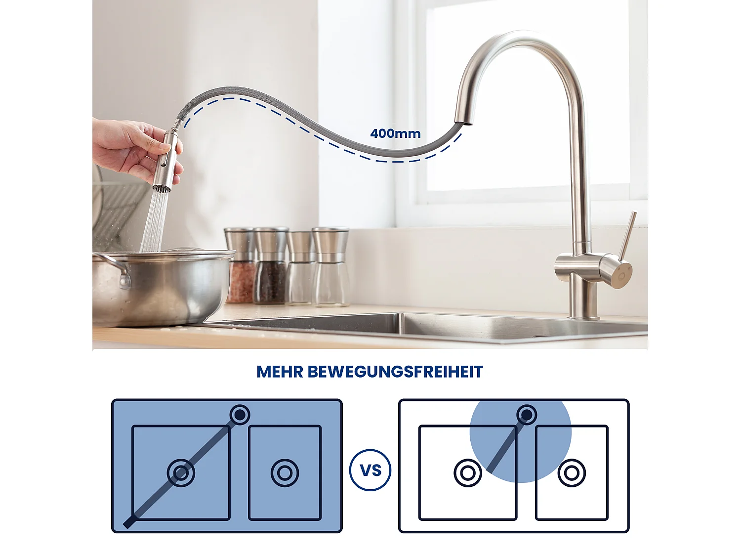 Cecipa max Mitigeur de Cuisine avec Douchette Extractible Robinet de Cuisine avec 2 Types de Jet D'eau Robinet d'évier en Inox Brossé,EU Modèle