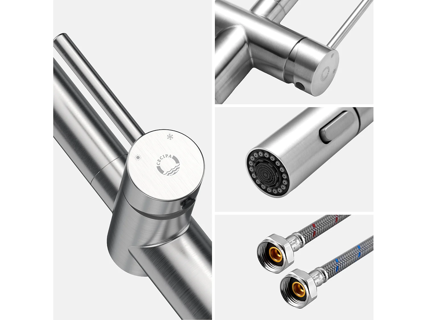 Cecipa max Mitigeur de Cuisine avec Douchette Extractible Robinet de Cuisine avec 2 Types de Jet D'eau Robinet d'évier en Inox Brossé,EU Modèle