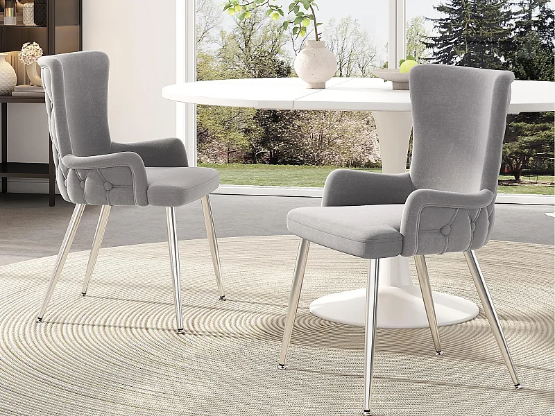 Lot de 2 chaises en velours - pieds en métal argenté - Gris