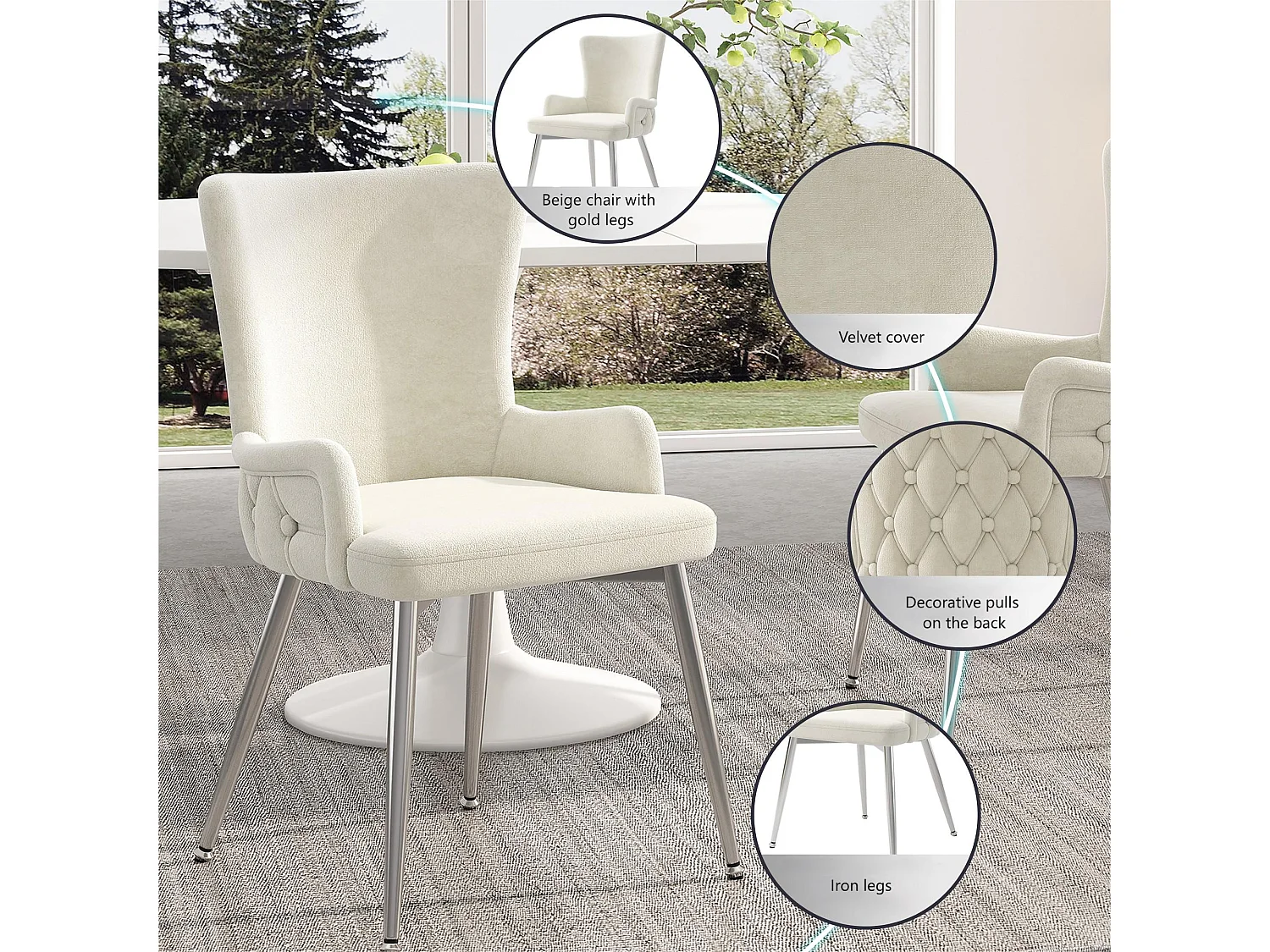 Set van 6 fluwelen stoelen - zilveren metalen poten - Beige