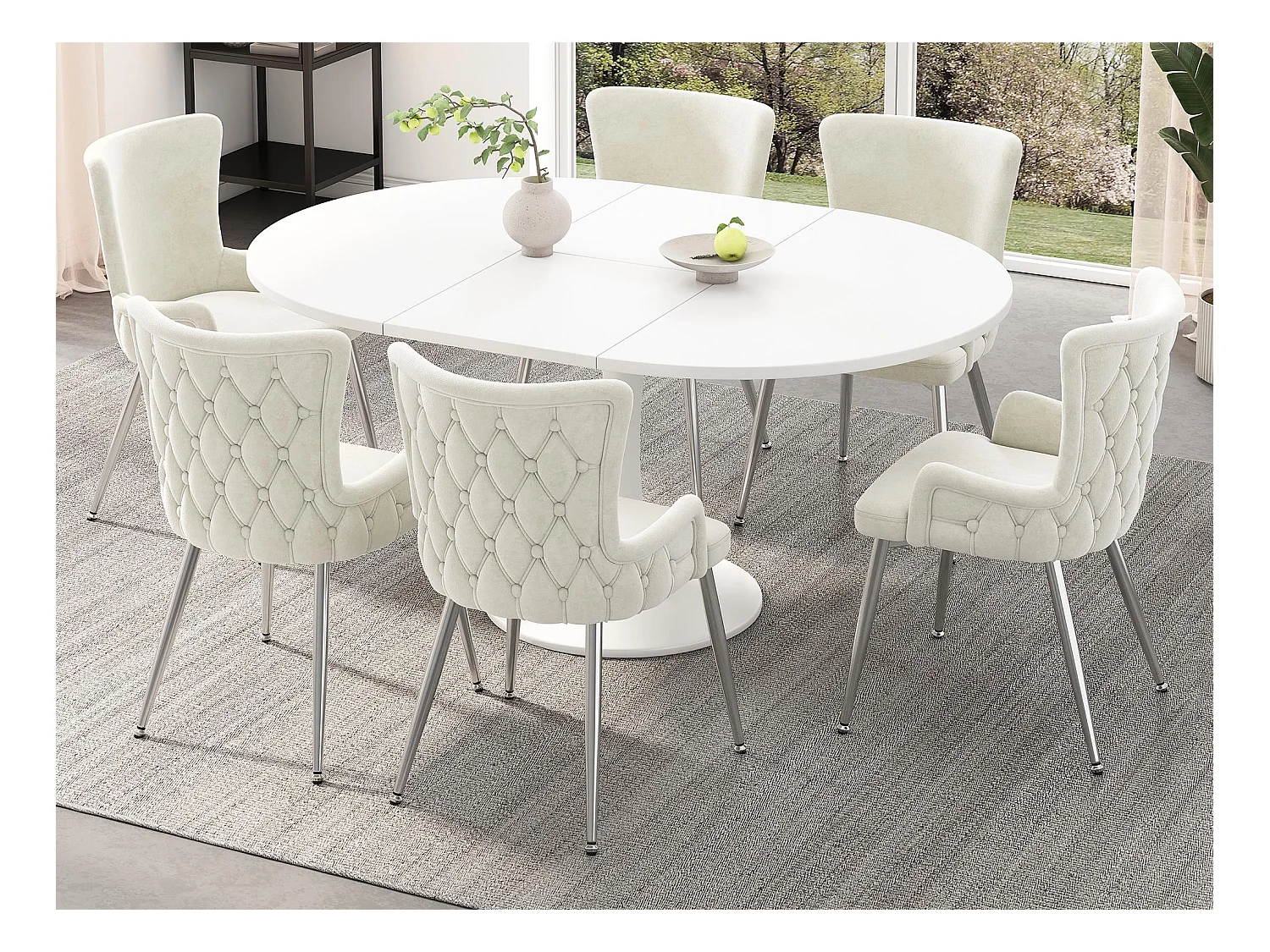 Lot de 6 chaises en velours - pieds en métal argenté - Beige