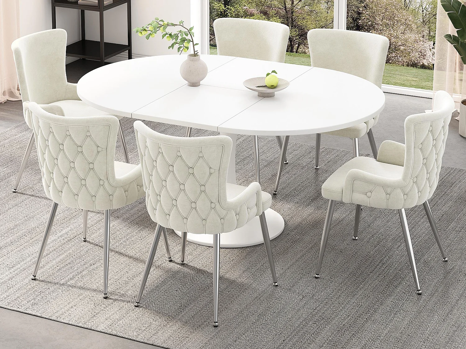 Lot de 6 chaises en velours - pieds en métal argenté - Beige