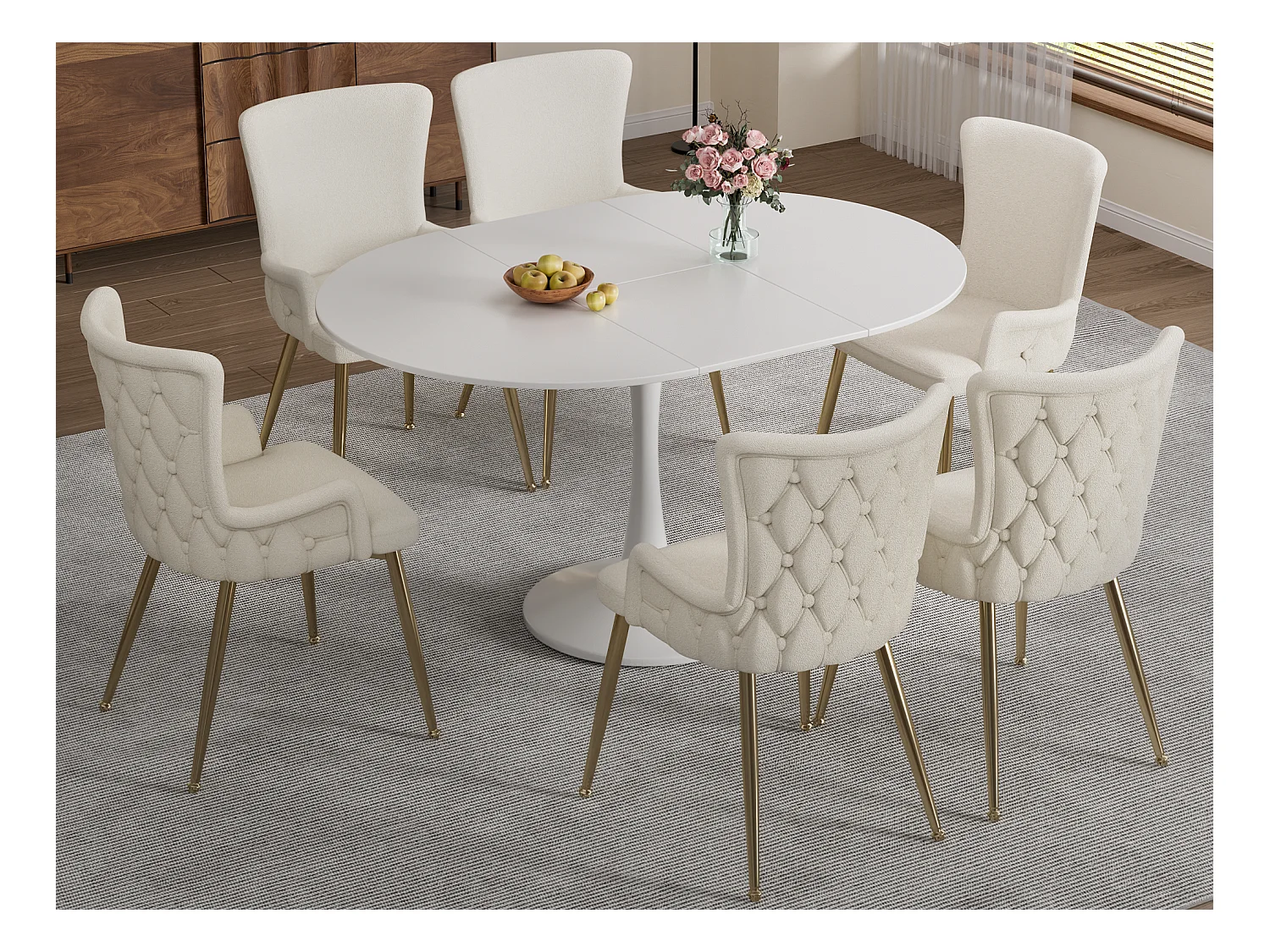 Set mit 6 Samtstühlen – goldene Metallbeine – Beige