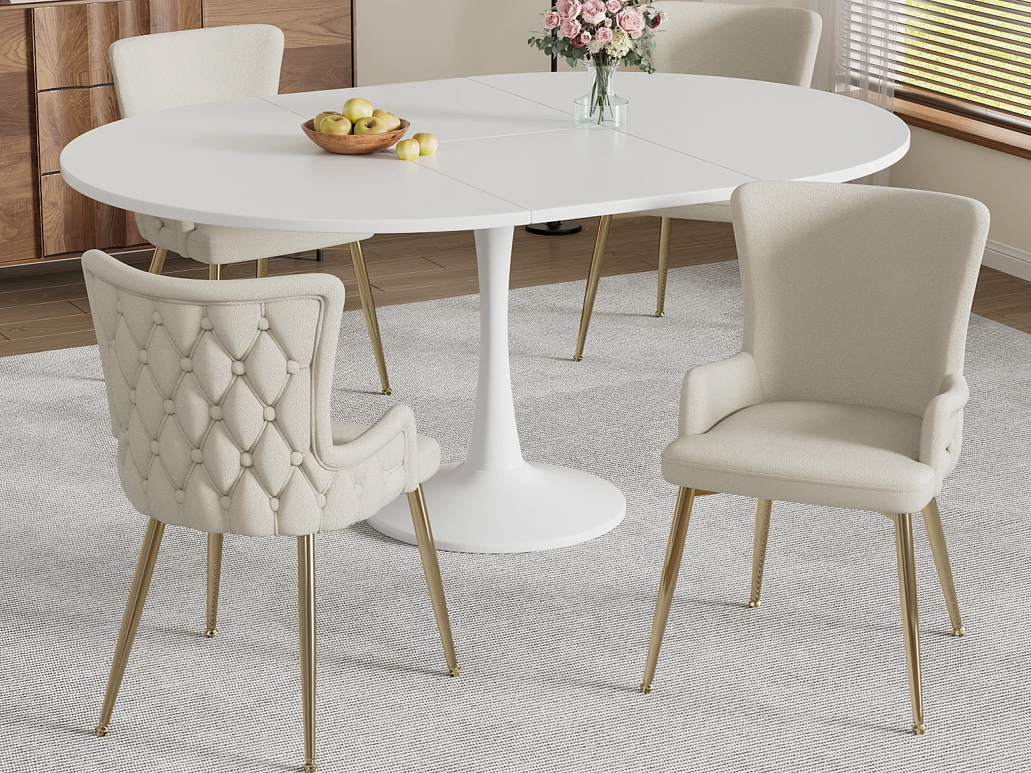 Set aus 4 Samtstühlen – goldene Metallbeine – Beige