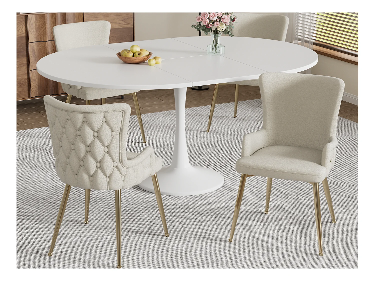 Lot de 4 chaises en velours - pieds en métal doré - Beige