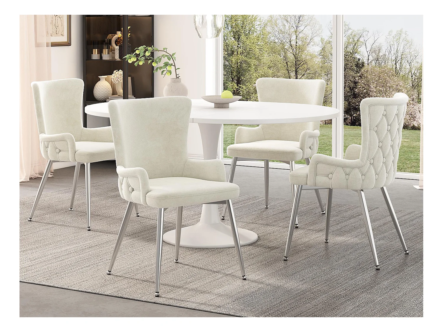 Lot de 4 chaises en velours - pieds en métal argenté - Beige