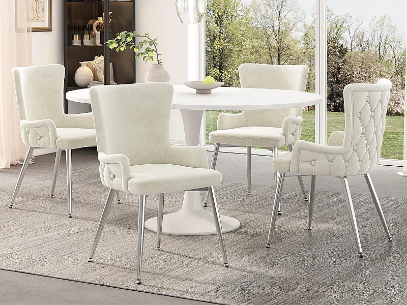 Lot de 4 chaises en velours - pieds en métal argenté - Beige