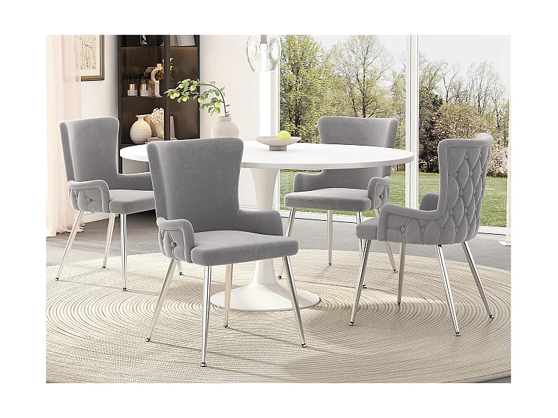Set aus 4 Samtstühlen – silberne Metallbeine – Grau