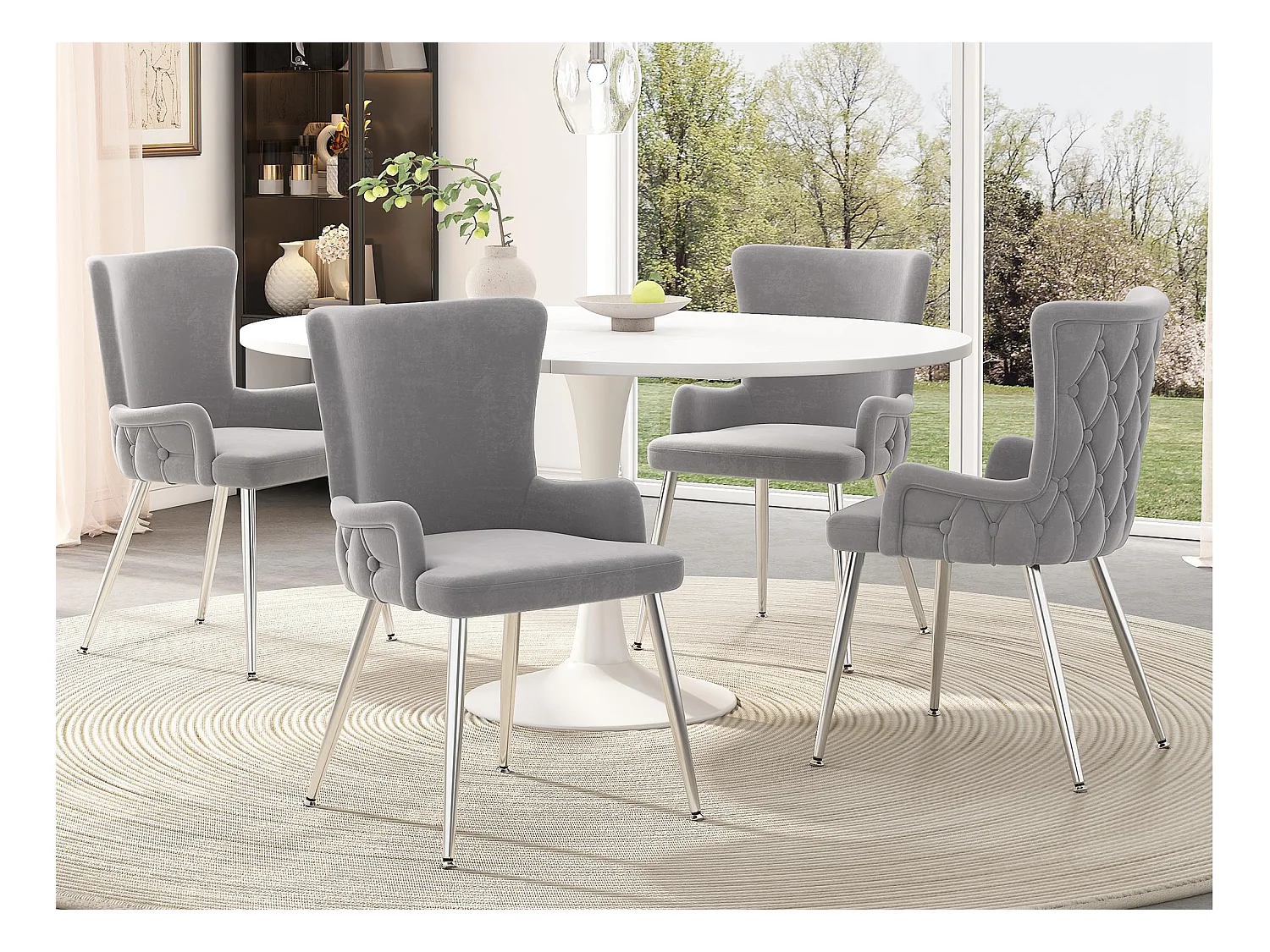 Lot de 4 chaises en velours - pieds en métal argenté - Gris