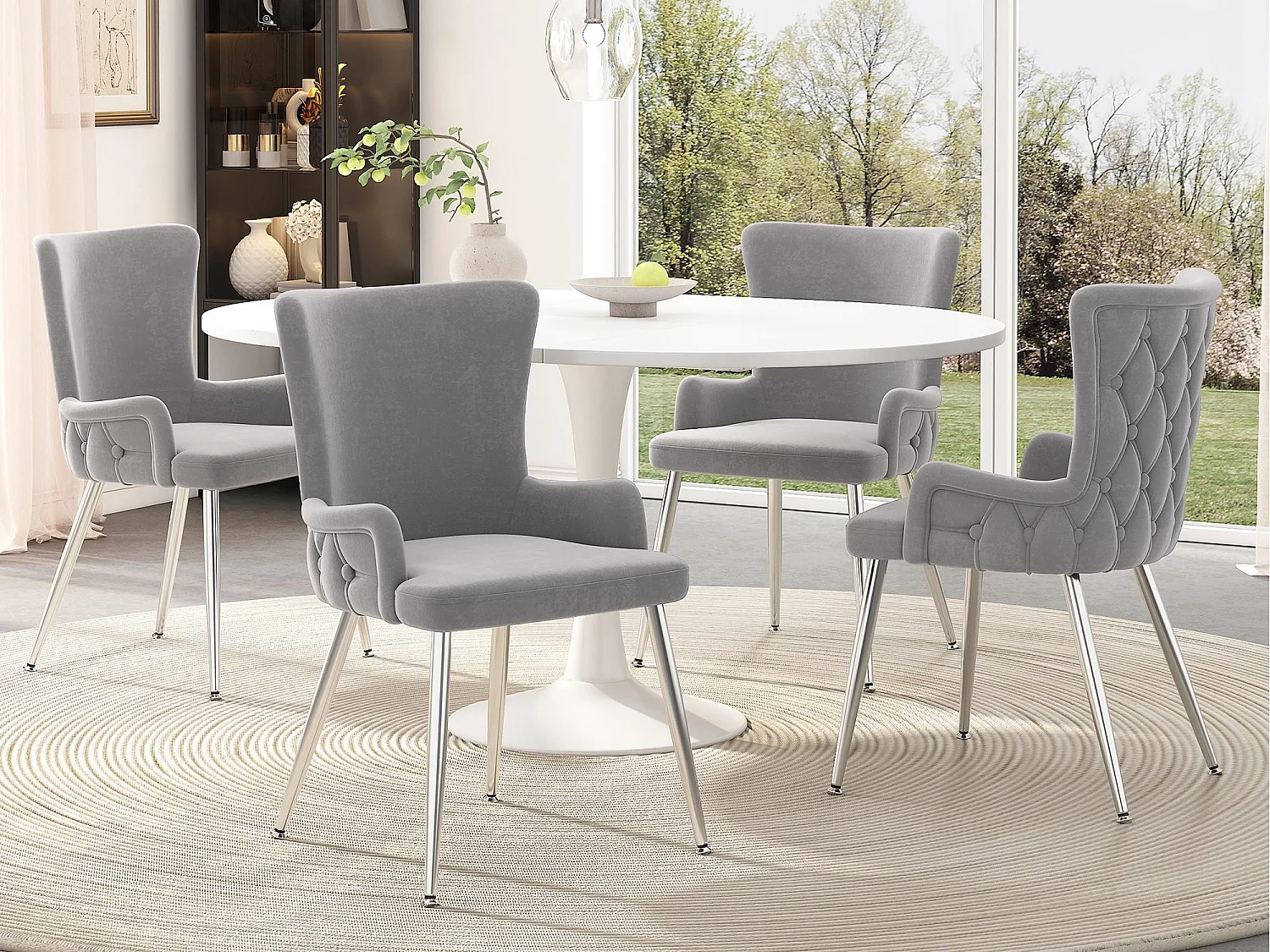 Lot de 4 chaises en velours - pieds en métal argenté - Gris