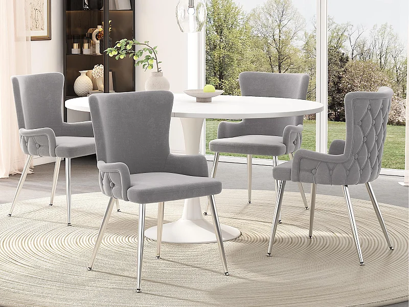 Set van 4 fluwelen stoelen - zilveren metalen poten - Grijs