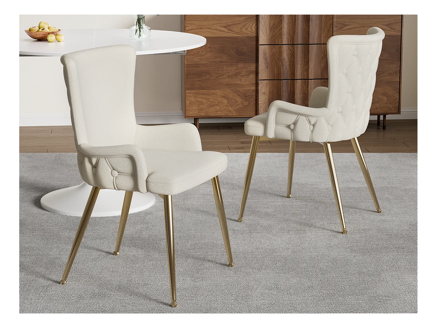 Lot de 2 chaises en velours - pieds en métal doré - Beige