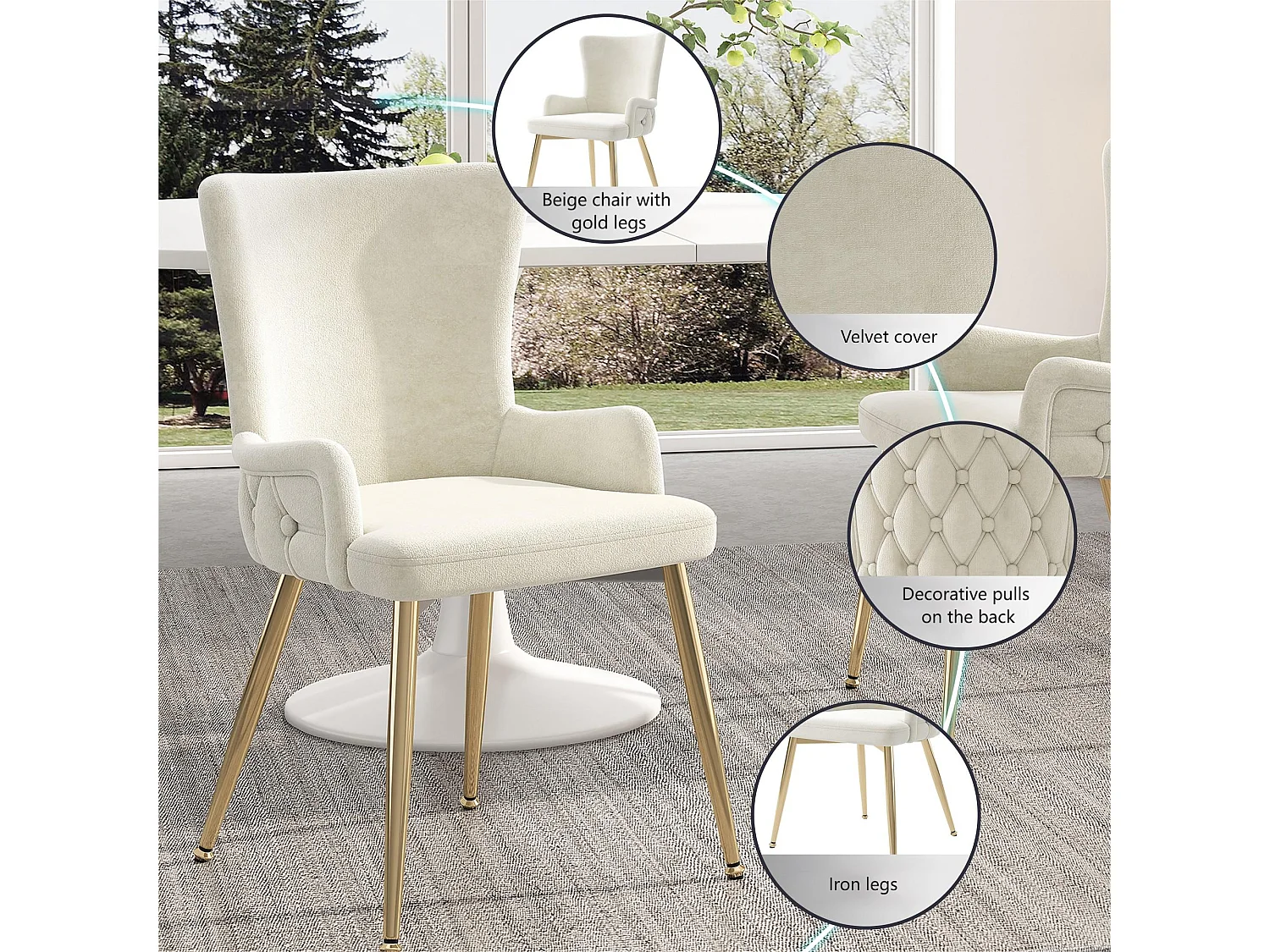 Lot de 2 chaises en velours - pieds en métal doré - Beige