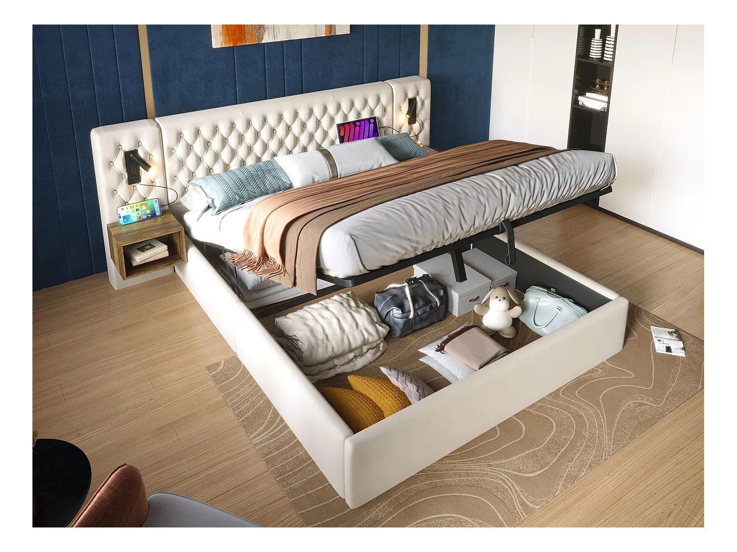 Lit coffre en velours 160x200 cm - 2 chevets + 2 liseuses avec prise USB - Beige (matelas non inclus)