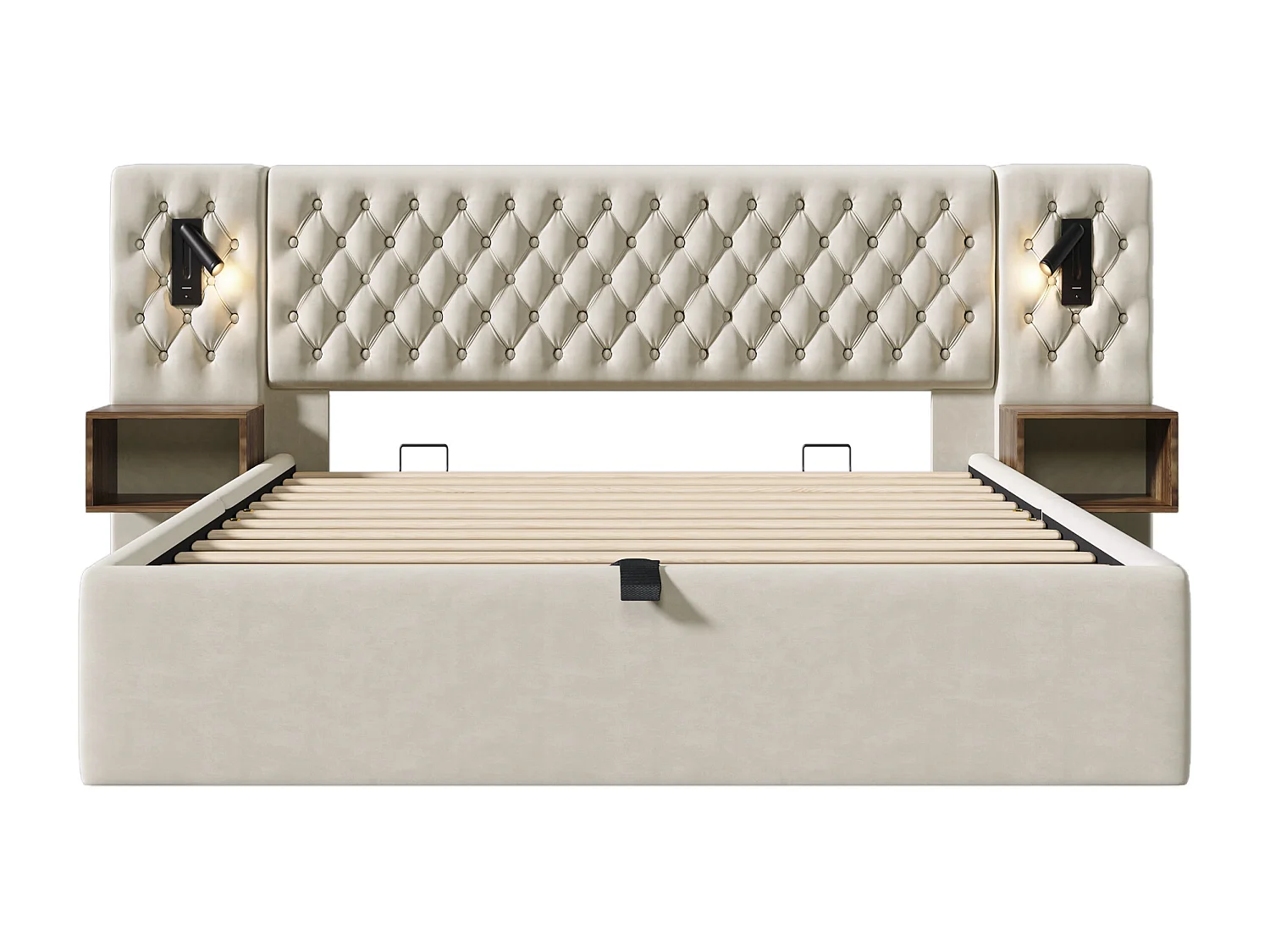 Samtbett mit Stauraum 160 x 200 cm – 2 Nachttische + 2 Leselampen mit USB-Anschluss – Beige (Matratze nicht im Lieferumfang enthalten)