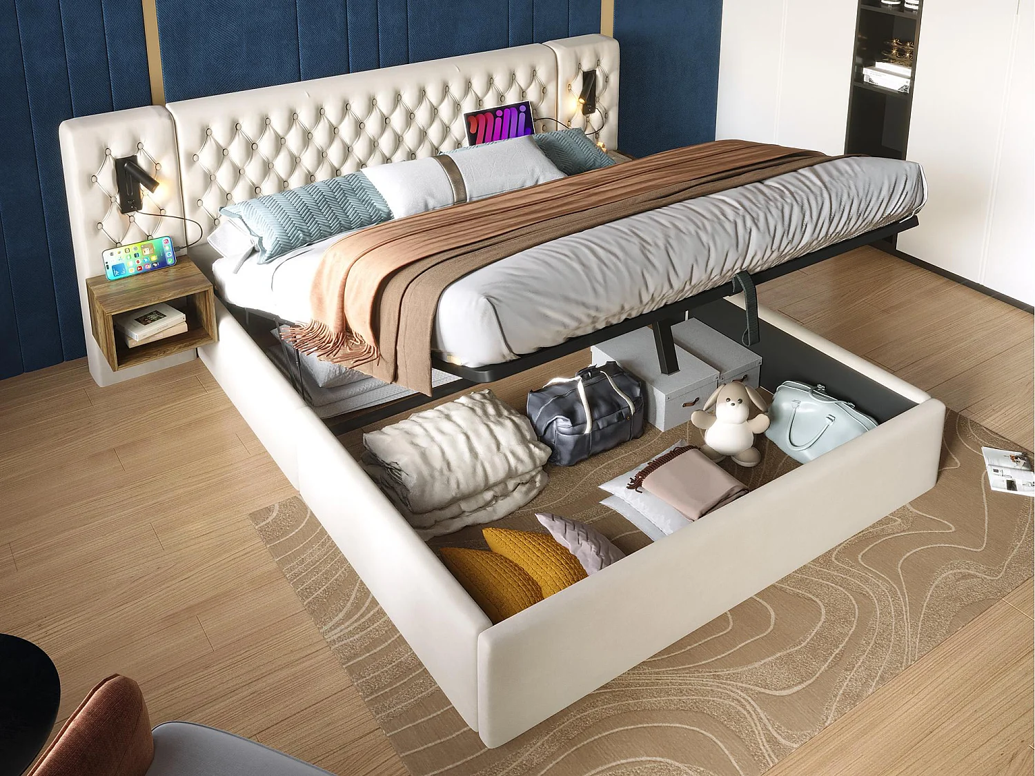 Cama em veludo 180x200 cm - 2 mesas de cabeceira + 2 luzes de leitura com tomada USB - Bege (colchão não incluído)