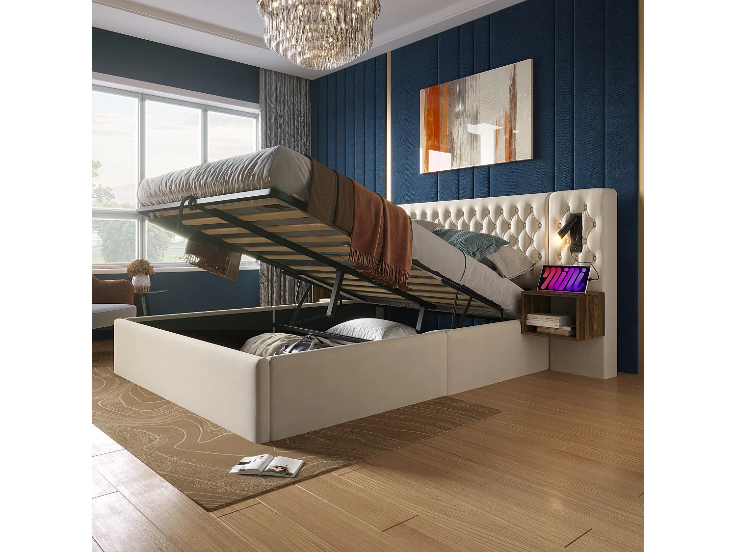 Cama em veludo 180x200 cm - 2 mesas de cabeceira + 2 luzes de leitura com tomada USB - Bege (colchão não incluído)