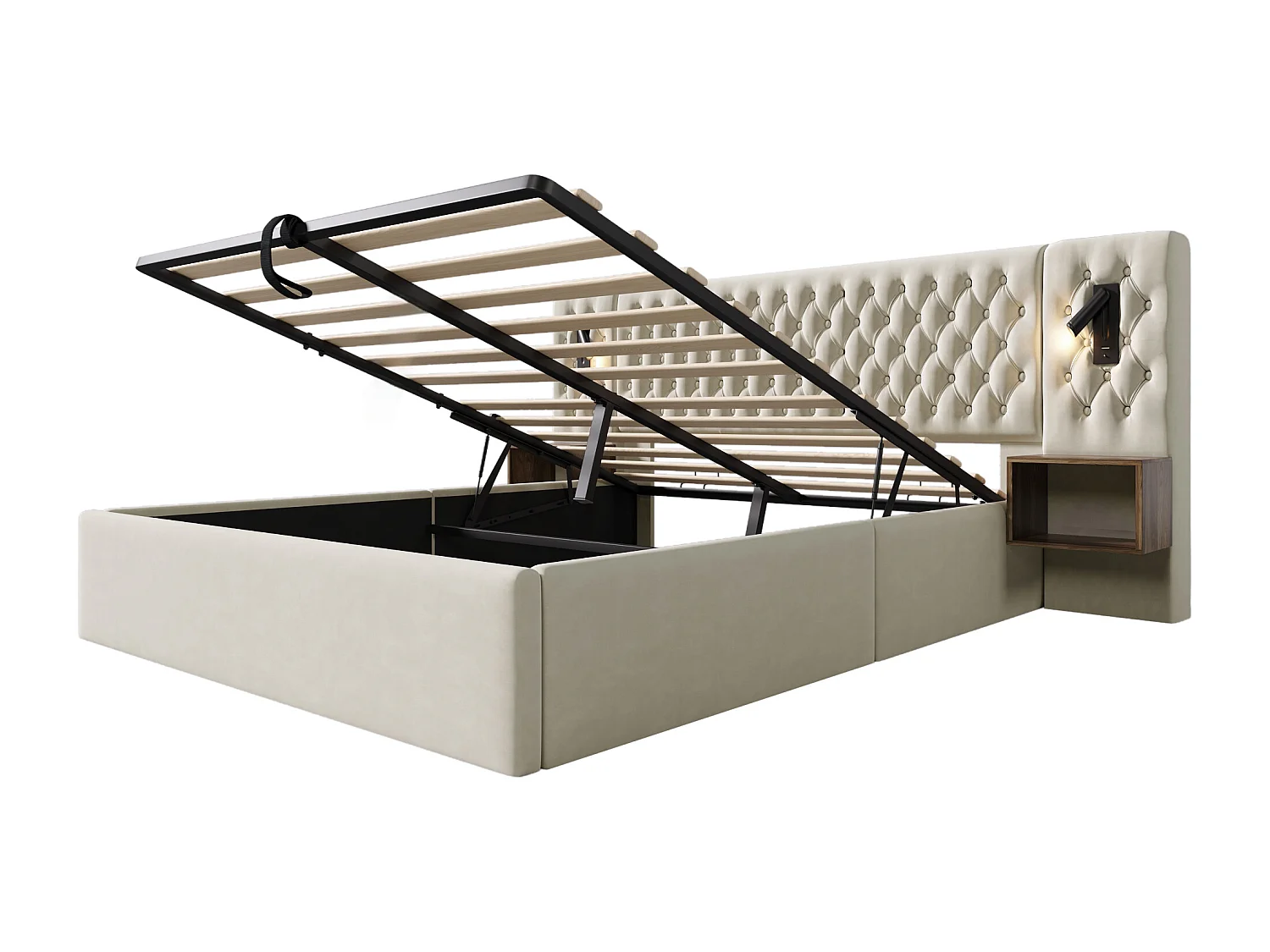 Cama em veludo 180x200 cm - 2 mesas de cabeceira + 2 luzes de leitura com tomada USB - Bege (colchão não incluído)