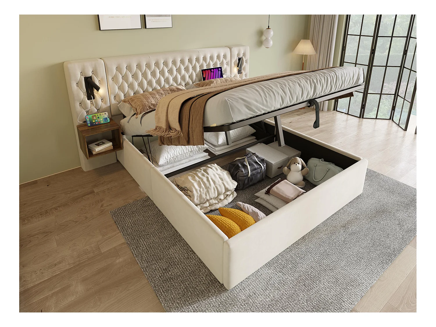 Lit coffre en velours 180x200 cm - 2 chevets + 2 liseuses avec prise USB - Beige (matelas non inclus)