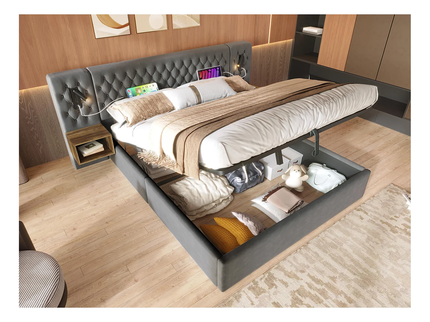 Lit coffre en velours 160x200 cm - 2 chevets + 2 liseuses avec prise USB - Gris (matelas non inclus)