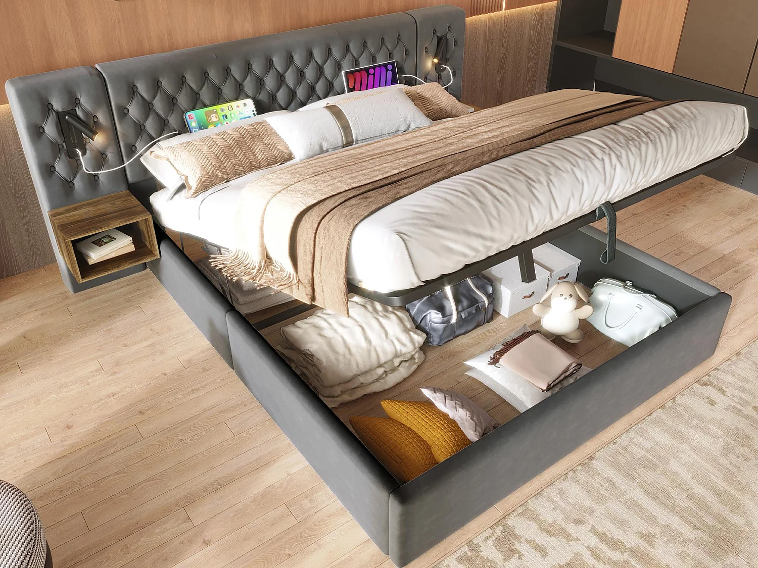 Samtbett mit Stauraum 160 x 200 cm – 2 Nachttische + 2 Leselampen mit USB-Anschluss – Grau (Matratze nicht im Lieferumfang enthalten)