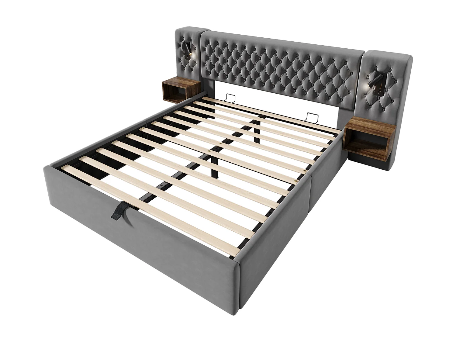 Samtbett mit Stauraum 160 x 200 cm – 2 Nachttische + 2 Leselampen mit USB-Anschluss – Grau (Matratze nicht im Lieferumfang enthalten)