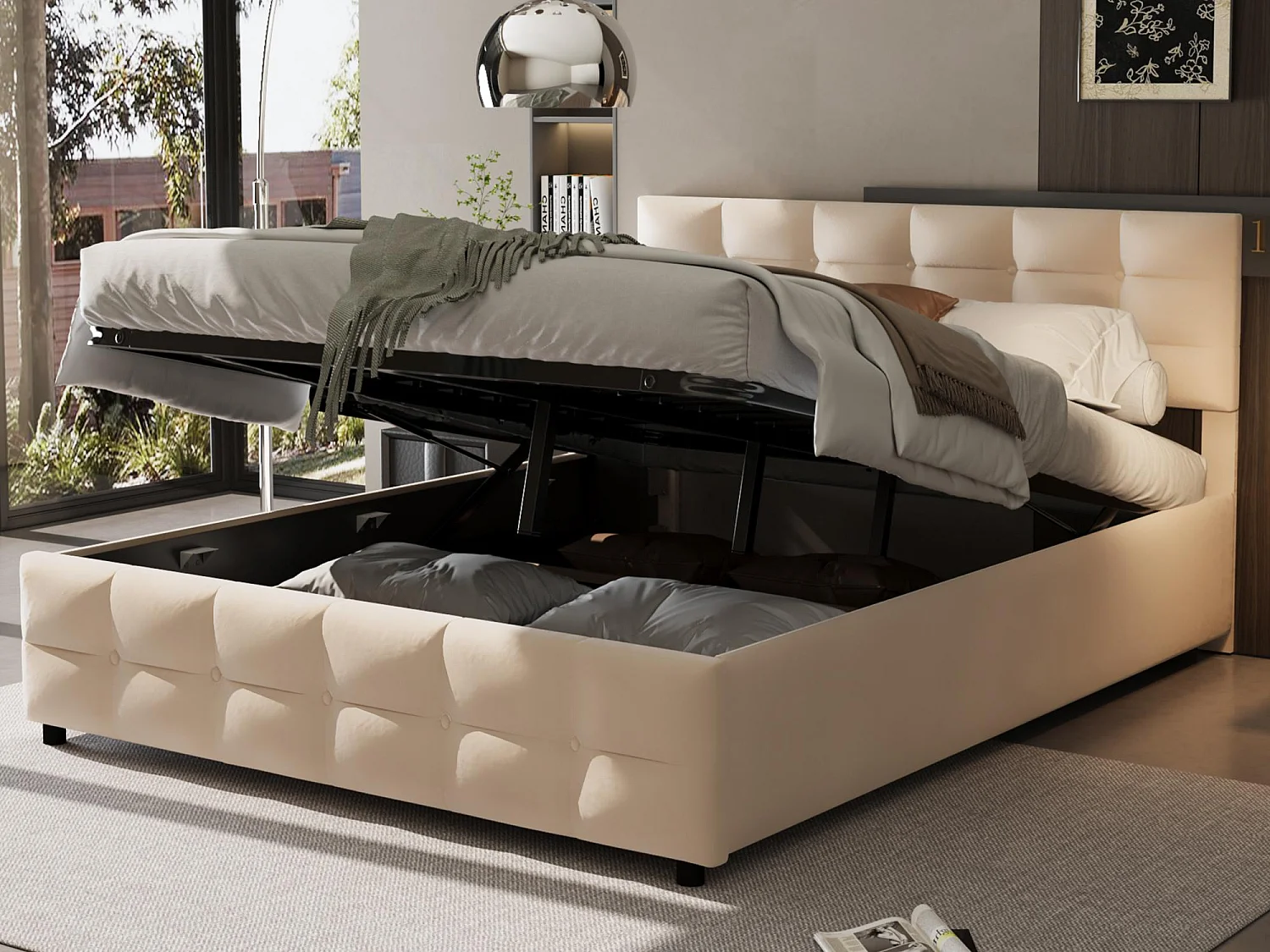 Lit coffre 180x200cm en velours - avec sommier à lattes - Beige