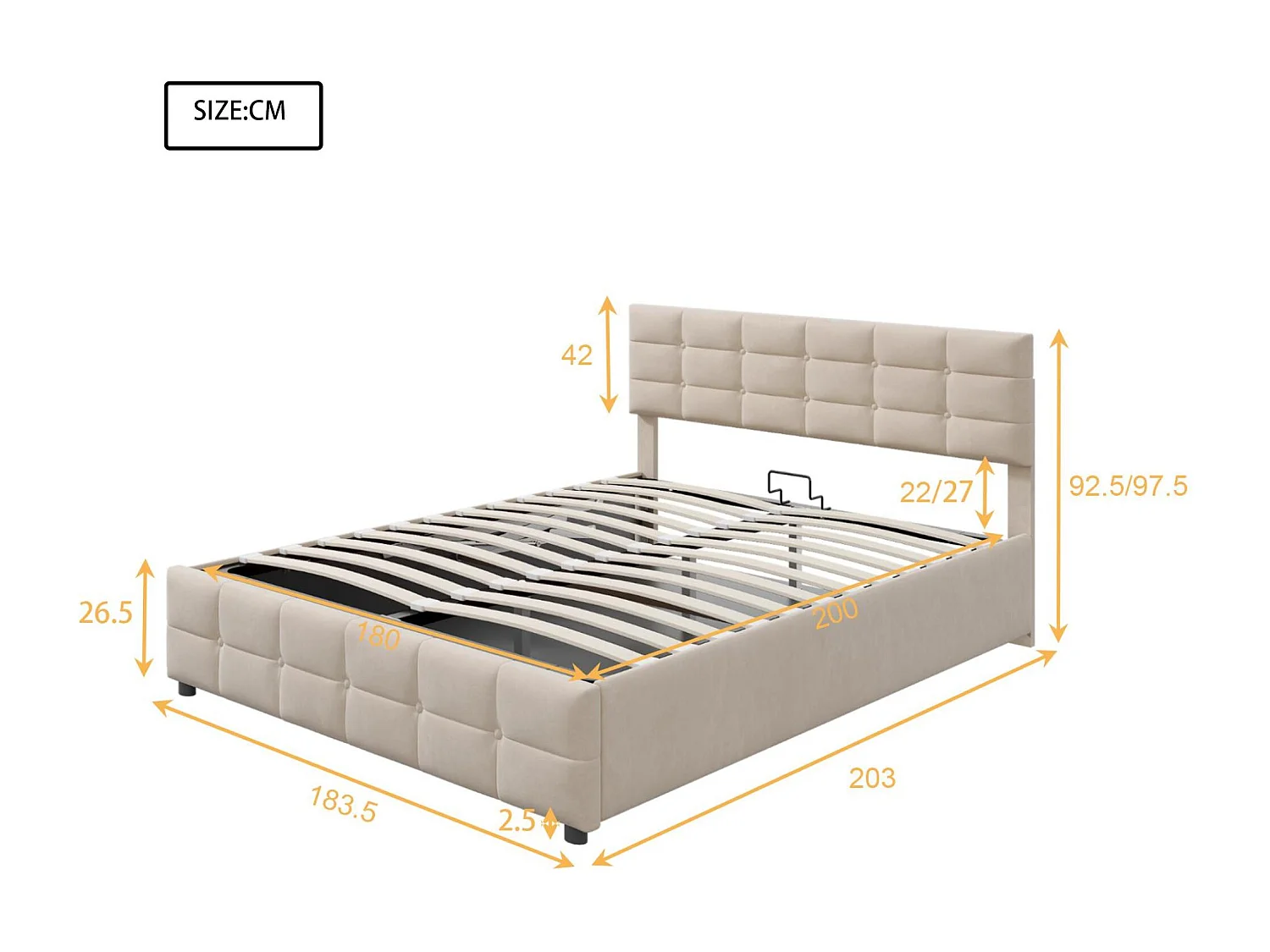 Lit coffre 180x200cm en velours - avec sommier à lattes - Beige