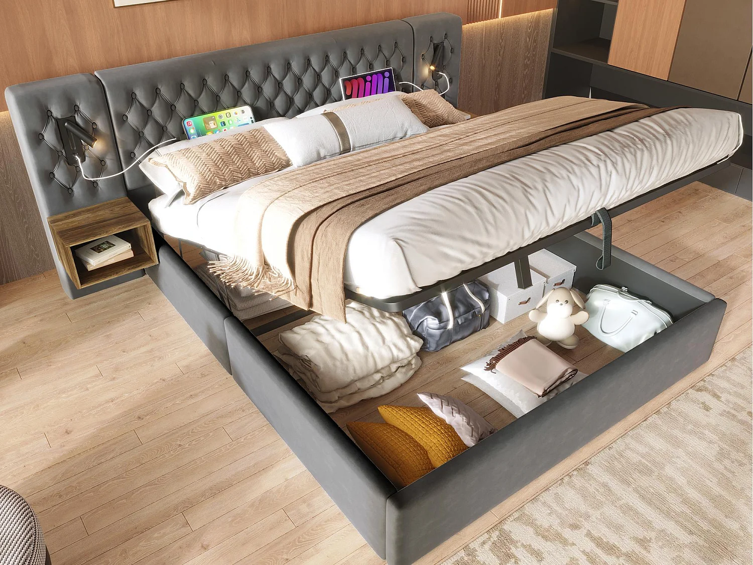 Samtbett mit Stauraum 180 x 200 cm – 2 Nachttische + 2 Leselampen mit USB-Anschluss – Grau (Matratze nicht im Lieferumfang enthalten)