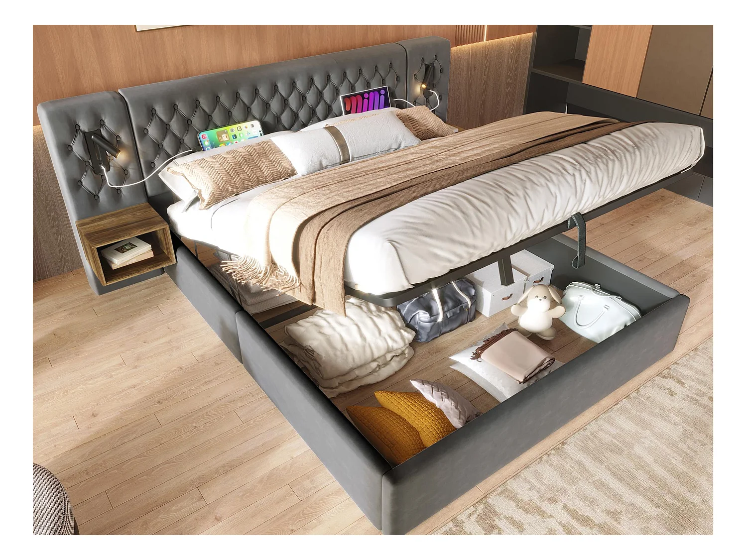 Lit coffre en velours 180x200 cm - 2 chevets + 2 liseuses avec prise USB - Gris (matelas non inclus)
